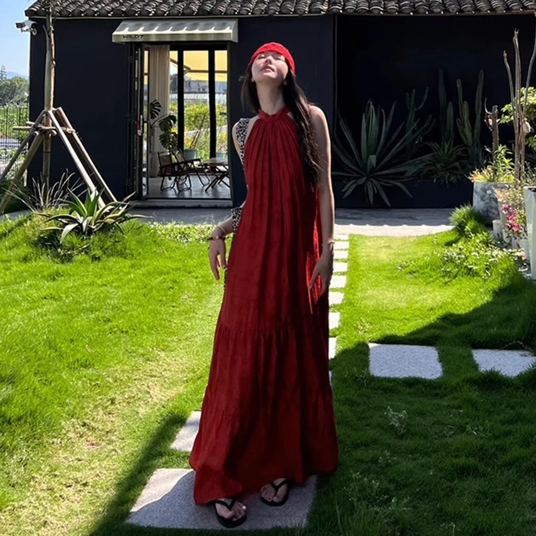 【现货+运补】红色挂脖吊带025新爆款新疆川西旅游度假长裙4969