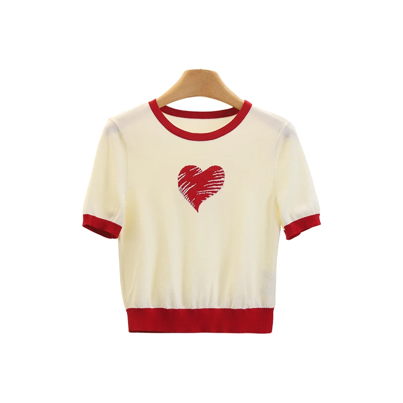 伍莎服饰云仓【衣香】时尚百搭撞色爱心圆领短袖套头针织衫新款