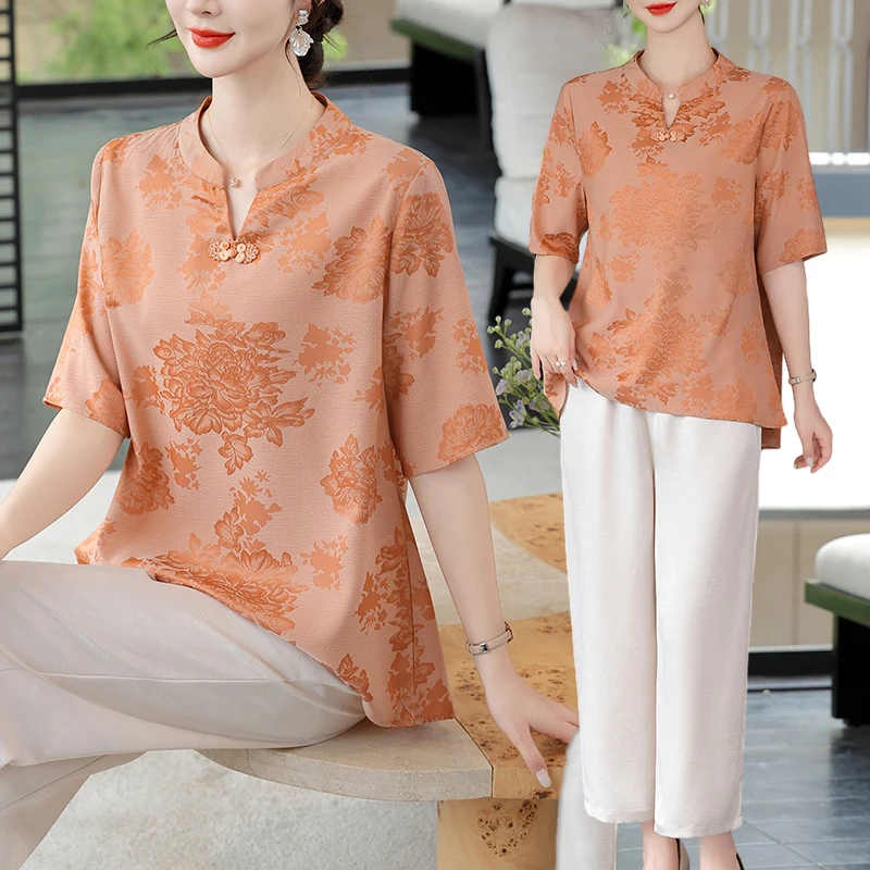 母亲节妈妈装夏装套装国风新中式上衣中老年女衣服夏季气质两件套