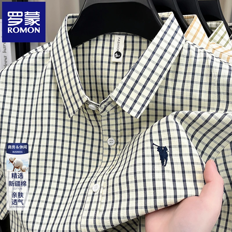 罗蒙2025正品宽松高端衬衫休闲百搭衬衣男士格子短袖衬衫夏季商务