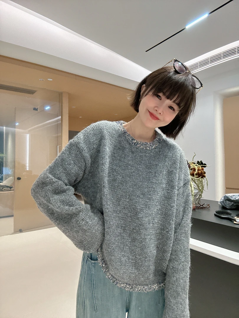 小香风毛蕊花灰色软糯套头宽松高级感外穿针织上衣9811