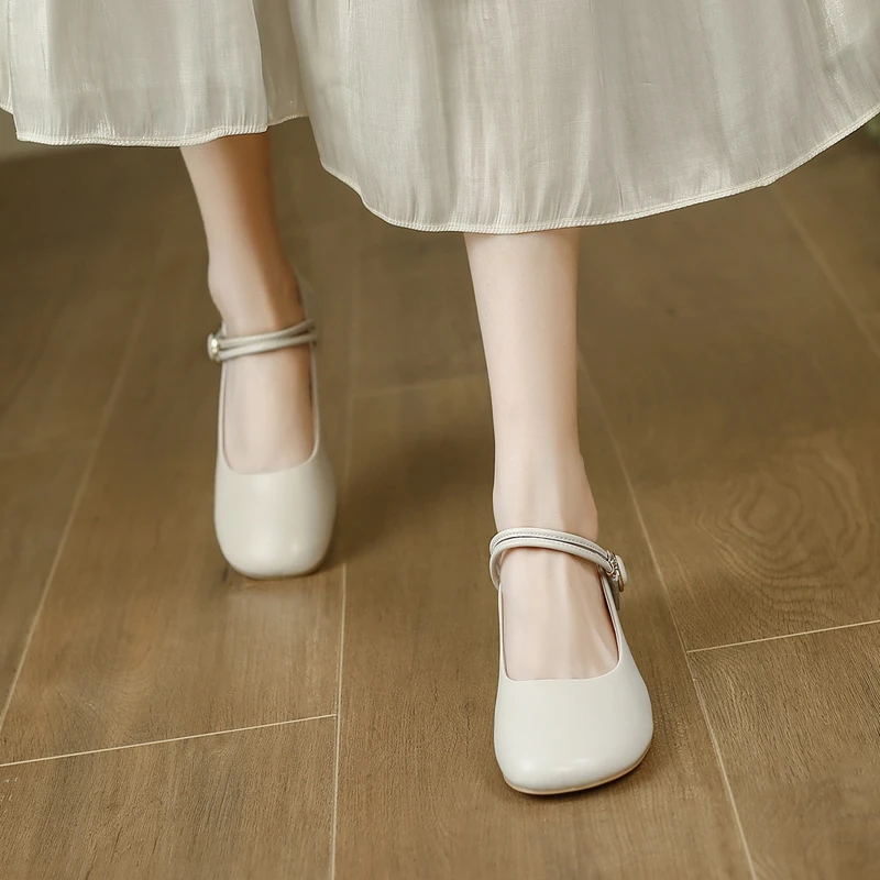 ZHR/则则百搭高跟小皮鞋休闲新款圆头一字扣带两穿单鞋小香风温柔