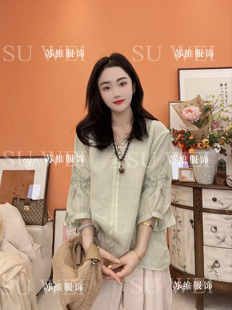 1134刺绣苎麻上衣宽松显瘦文艺设计轻薄透气短袖衬衫女