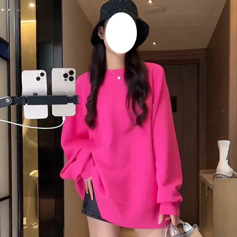 糖果色韩系慵懒风多巴胺卫衣女 玫红色圆领净色上衣女加绒加厚潮