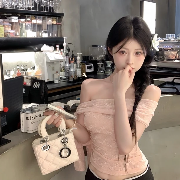 贵富•【粉樱】纯欲蕾丝一字肩短款挂脖抹胸上甜妹蝴蝶结系带设计