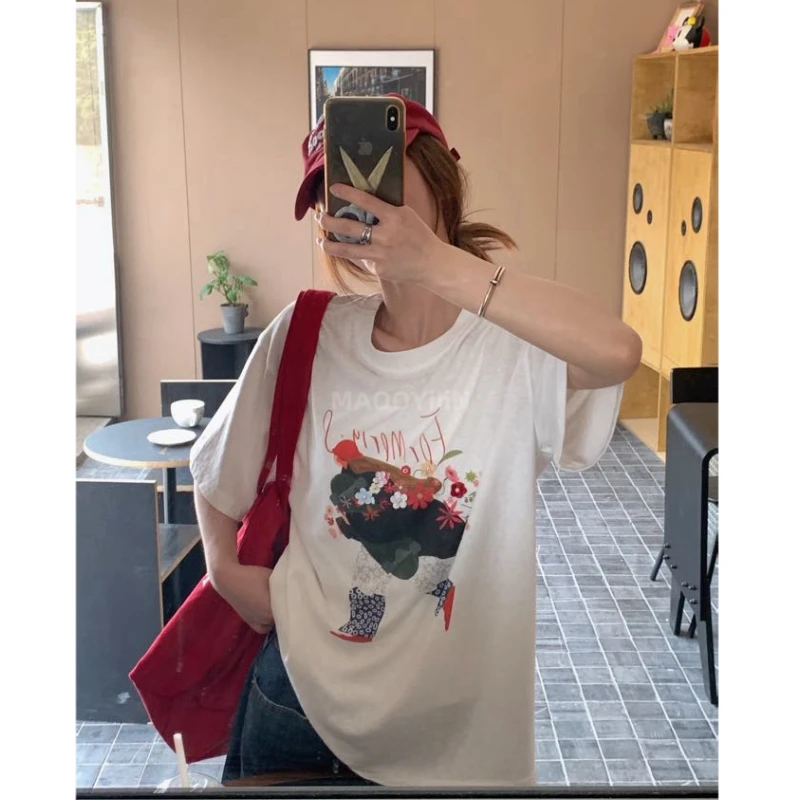 181781【 抽象人物短袖 】2025 立体花朵宽松大版T恤