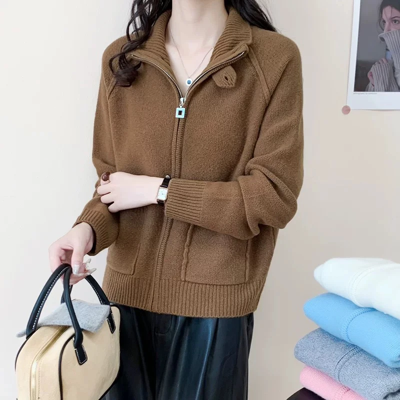 2024年冬季新款糖果色拉链立领休闲百搭7713加厚保暖针织开衫毛衣