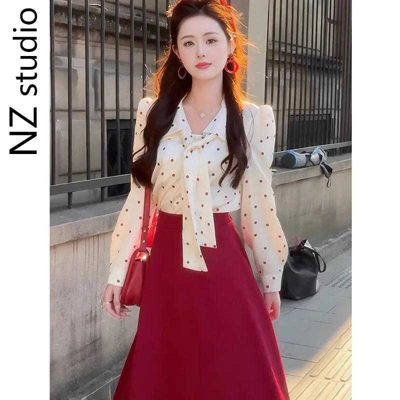 港风复古波点衬衫红色半身裙套装新款独特绝美温婉大方搭配一整套