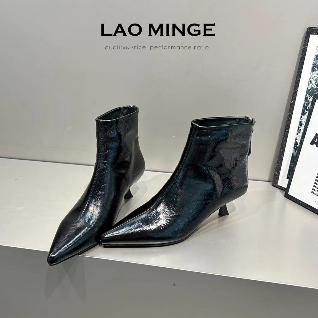 老敏哥 冬季新款皱牛皮加绒尖头时装靴女款W08-569-1