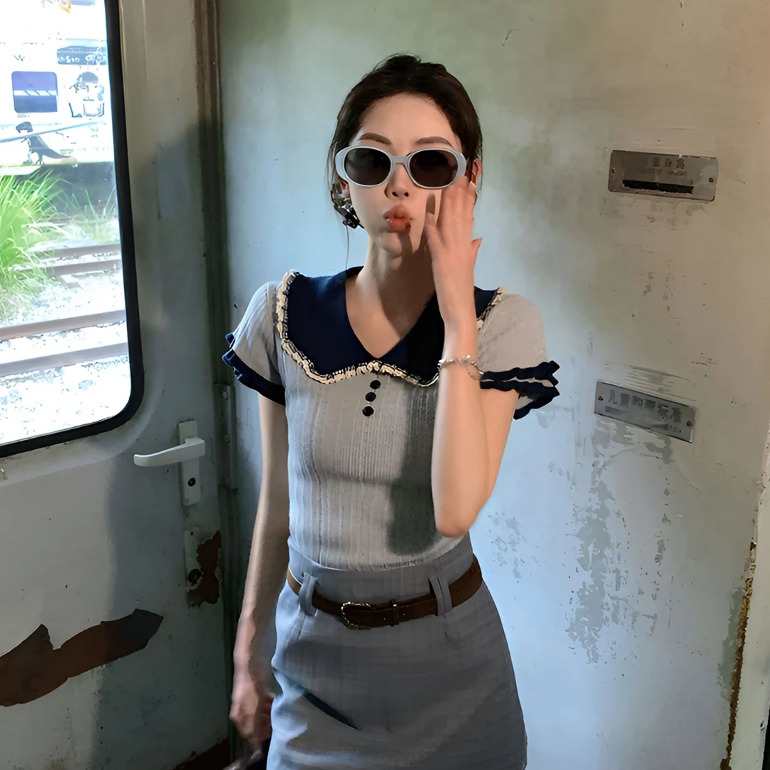 【赵小小&温柔入微】5072 撞色花边翻领针织衫温柔洋气减龄气质上衣