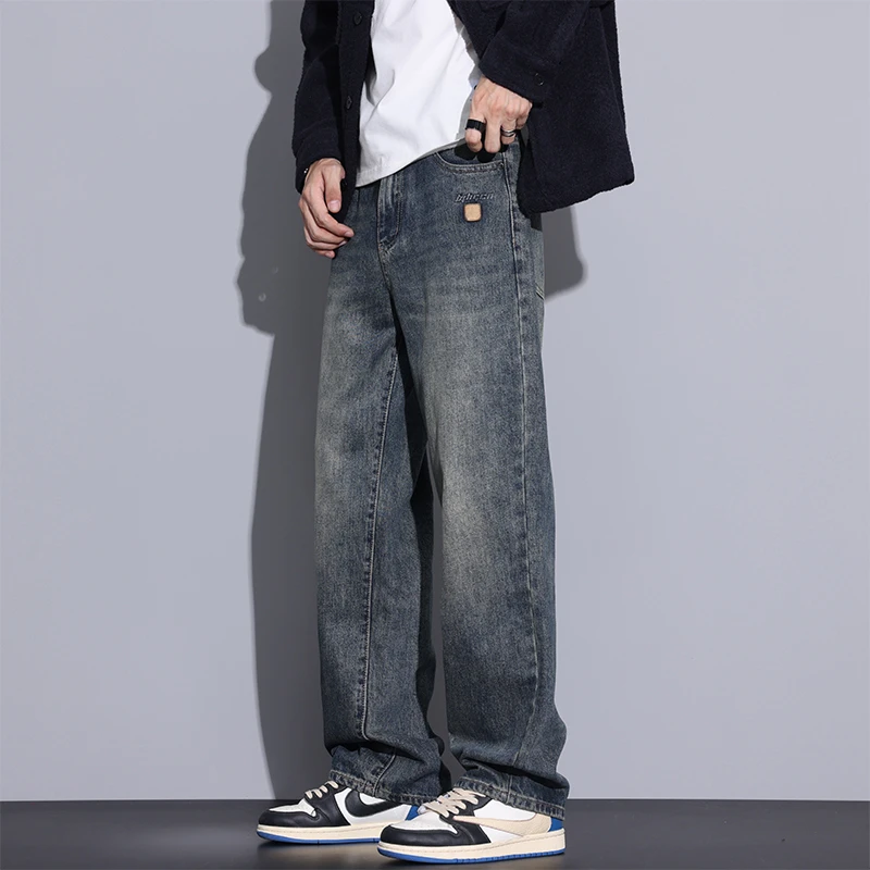 Kuvine2025春季美式复古牛仔裤男潮流阔腿宽松直筒休闲百搭长裤子