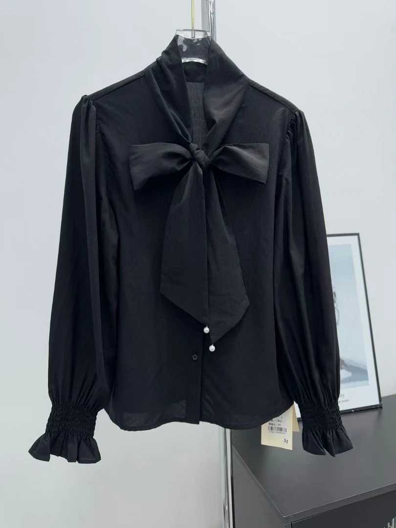 宽松型时尚大码职业内搭女装，春秋2025飘带打底衫上衣珍珠衬衫