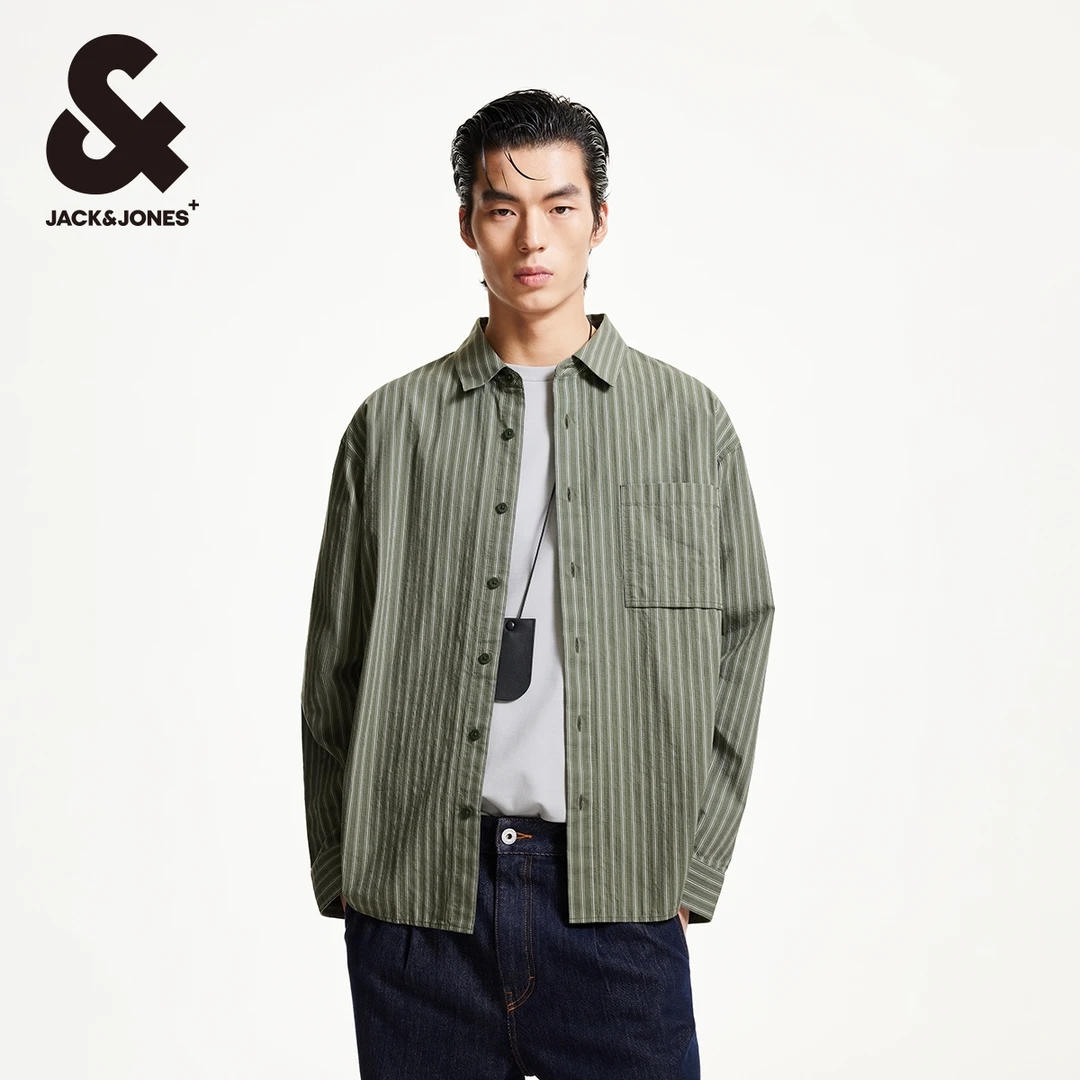 杰克琼斯秋男士休闲衬衫百搭舒适尖领条纹贴布口袋宽松肌理感男装