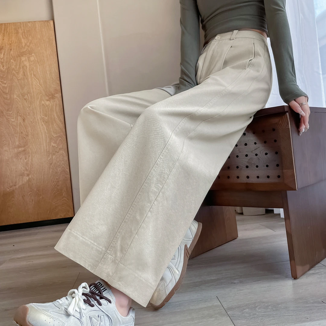 2025年春夏新复古韩系高腰阔腿裤女通勤纯色垂感卡其色九分休闲裤