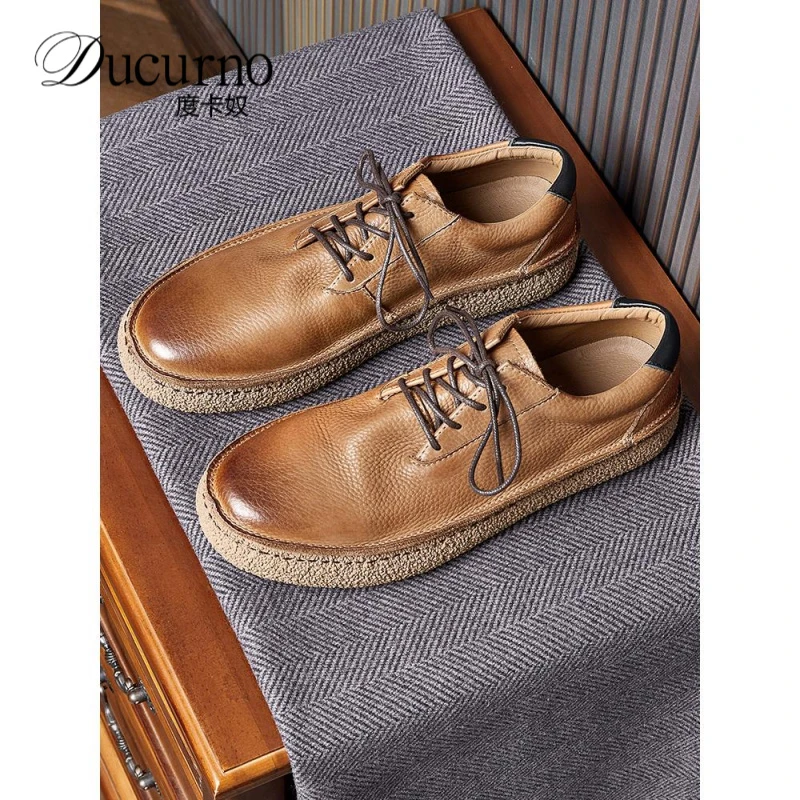 秋季新款复古英伦男士休闲皮鞋高端手工软底系带英伦复古透气皮鞋