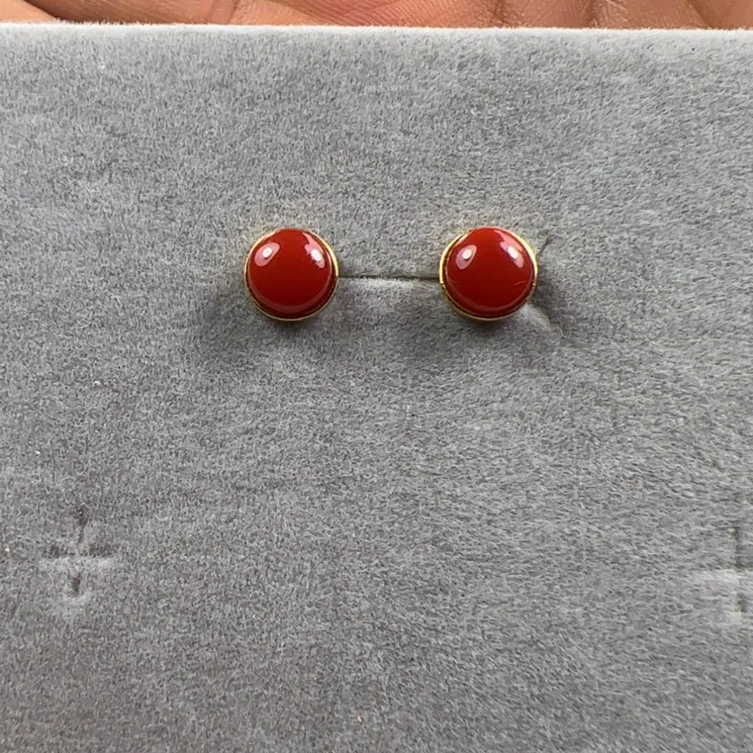 南红玛瑙耳钉18K金镶嵌