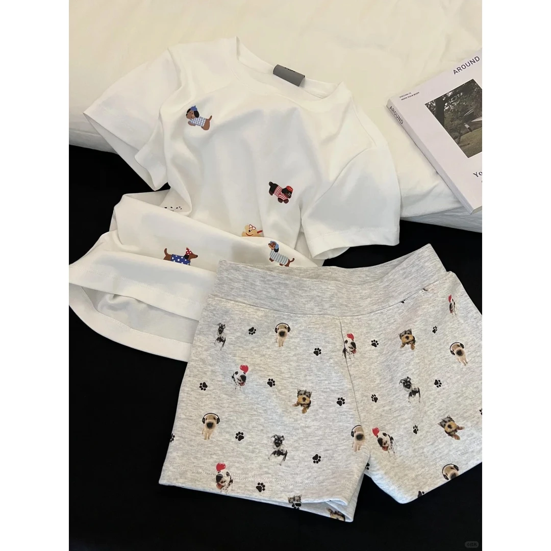 韩系少女卡通小狗印花睡衣女夏季新款甜美可爱短袖短裤家居服套装