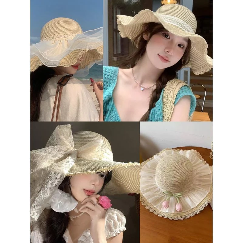 蕾丝蝴蝶结草帽女夏季法式大帽檐遮阳防晒帽海边沙滩度假太阳帽子