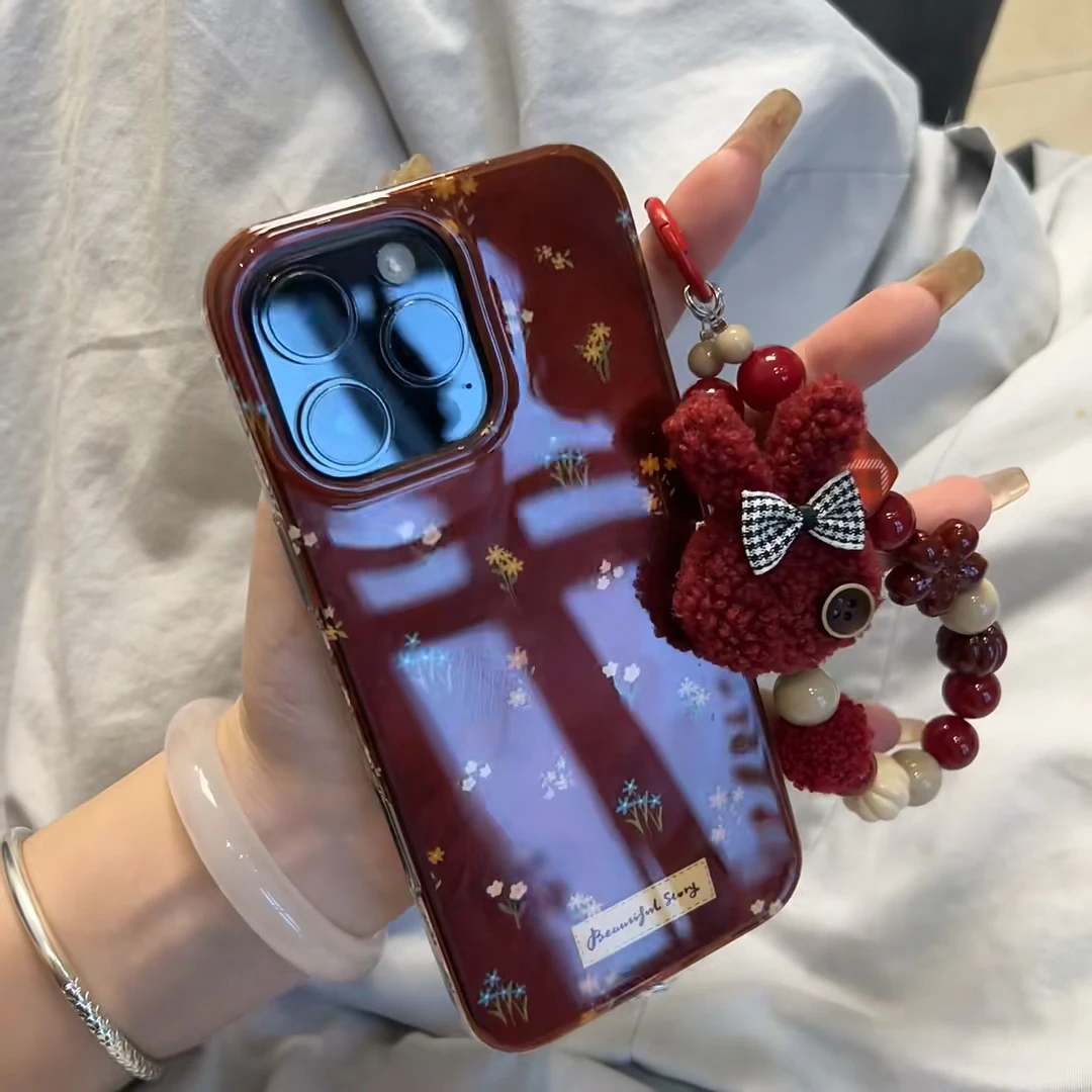 酒红小碎花ins风适用苹果16promax手机壳苹果15少女心13可爱14软
