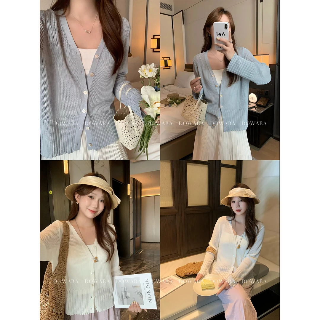 现货大婉酱微胖定制V领薄款防晒罩衫夏季宽松百搭毛针织开衫9619D