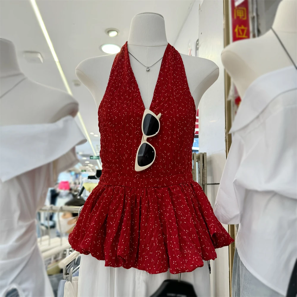 夏季新款甜辣风挂脖式吊带背心女法式小众收腰显瘦辣妹露背上衣