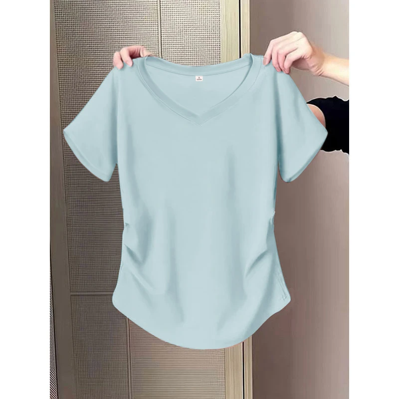 V领天蓝色短袖t恤女夏季新款修身褶皱收腰内搭上衣显瘦遮肚体恤衫