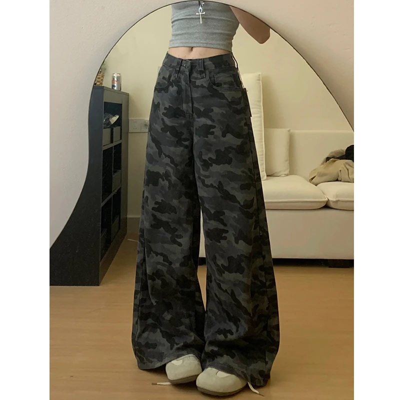 灰色迷彩阔腿牛仔裤女2025秋冬款高街hiphop休闲显瘦直筒工装长裤