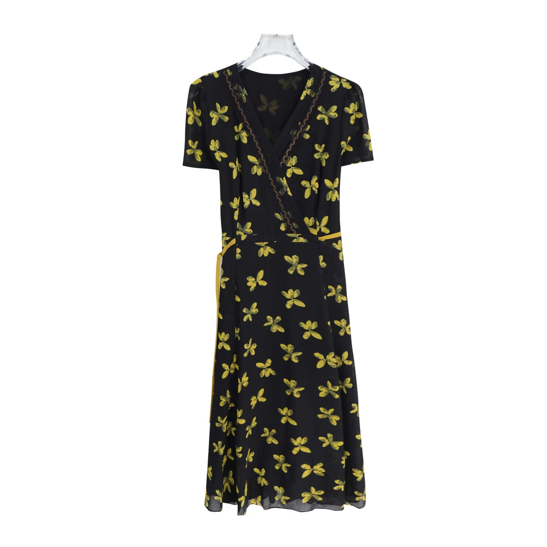 新款法式V领修身碎花收腰连衣裙S1423