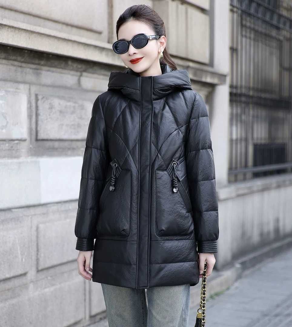 海宁新款真皮羽绒服女2025秋冬加厚真皮皮衣外套中长款绵羊皮5181
