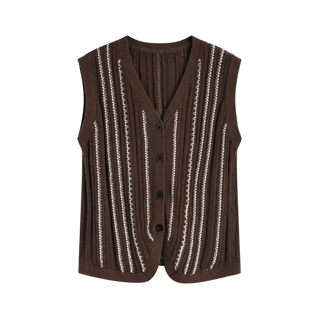 气质条纹v领无袖坎肩针织开衫女夏新款叠穿背心马甲0966