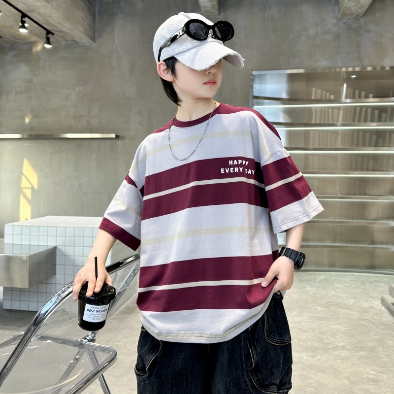 童装男童夏装条纹短袖T恤中大童儿童夏季韩版宽松洋气帅气衣服潮