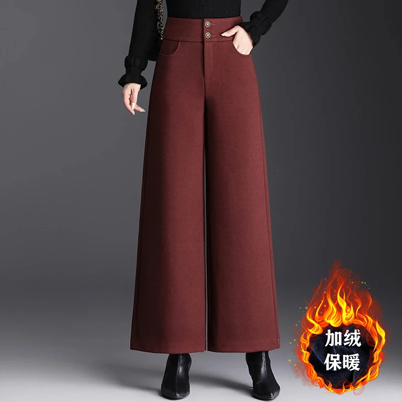 加绒加厚毛呢阔腿裤女2025秋冬新款宽松显瘦休闲长裤纯色大脚裤子