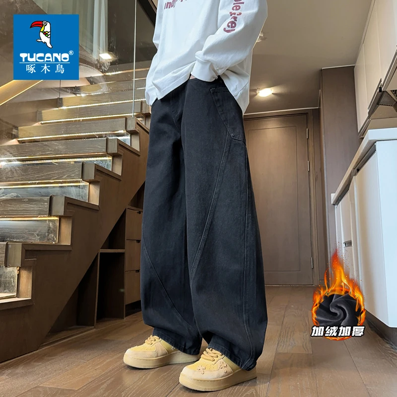 啄木鸟弯刀牛仔裤男士裤子秋冬新款直筒宽松男生工装裤加厚绒男裤