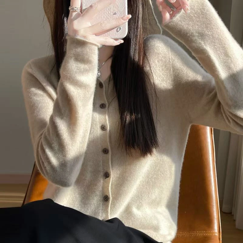 一线成衣连帽开衫女外穿针织衫上衣2025新款百搭休闲打底衫