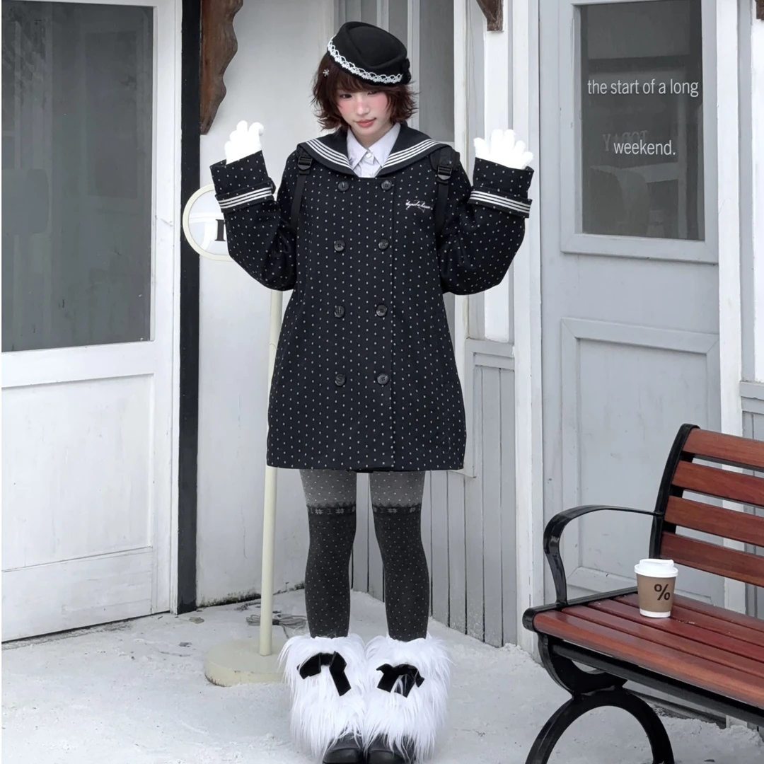 【梗豆物语】雪霁百合*波点系毛呢海军领外套日系中长款呢子大衣