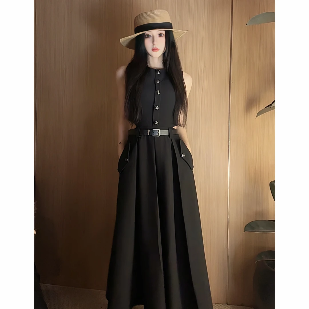 M223 高腰无袖时尚连衣裙女轻奢设计感气质黑色镂空显瘦裙子小众