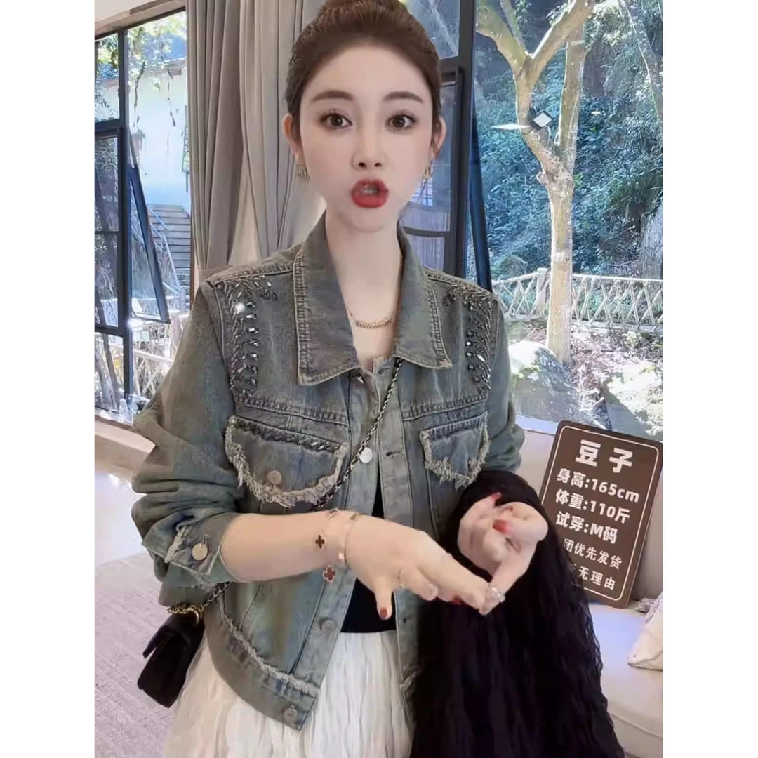 【店铺热销】潮牌重工做旧钉珠毛边牛仔外套女2025年春夏新款复古港