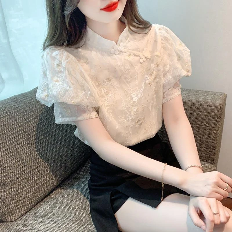 GiftPalm夏季新款国风盘扣立领蕾丝泡泡袖衬衫设计感小众漂亮上衣