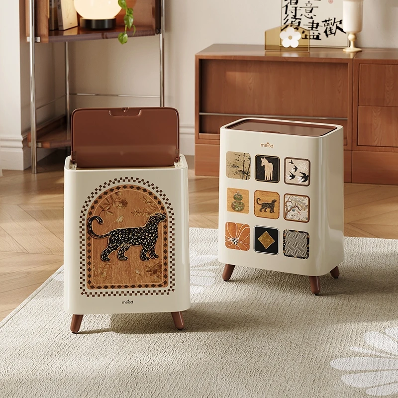 垃圾桶家用2025新款带盖客厅可移动高颜值大容量复古卫生桶