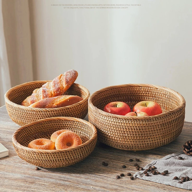 农家自制黄秋藤精编圆形三件套收纳筐手工编织筐圆形家用馒头筐