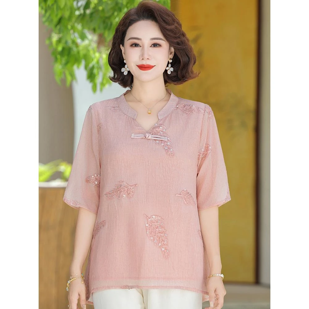 妈妈夏装国风短袖小衫洋气2025新款中老年女夏季阔太太上衣两件套