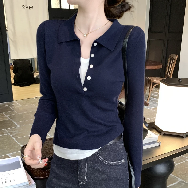 春秋季女装洋气短款长袖polo领针织衫早春假两件内搭正肩打底上衣