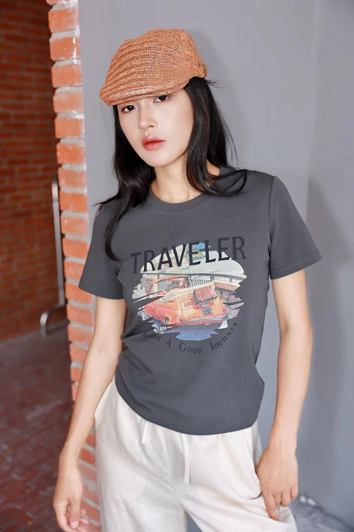 印花短款修身型圆领常规休闲短袖T恤春夏夏季韩版复古