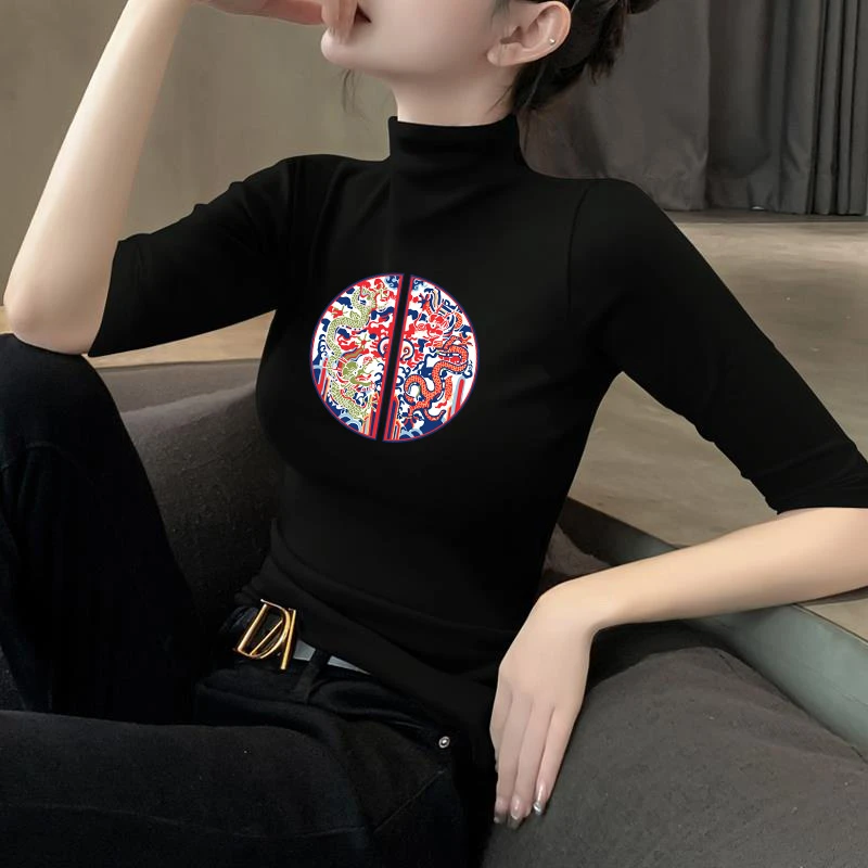 中国风莫代尔半高领中袖打底衫女修身内搭五分袖t恤半袖上衣显瘦