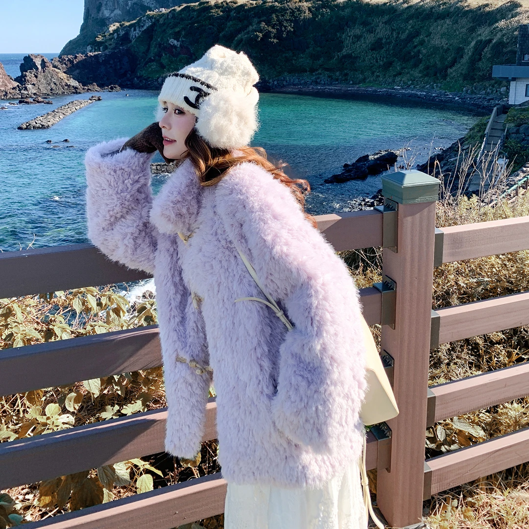 冬季氛围感紫色漂亮毛茸茸短款外套女2025新款小众设计超好看棉服