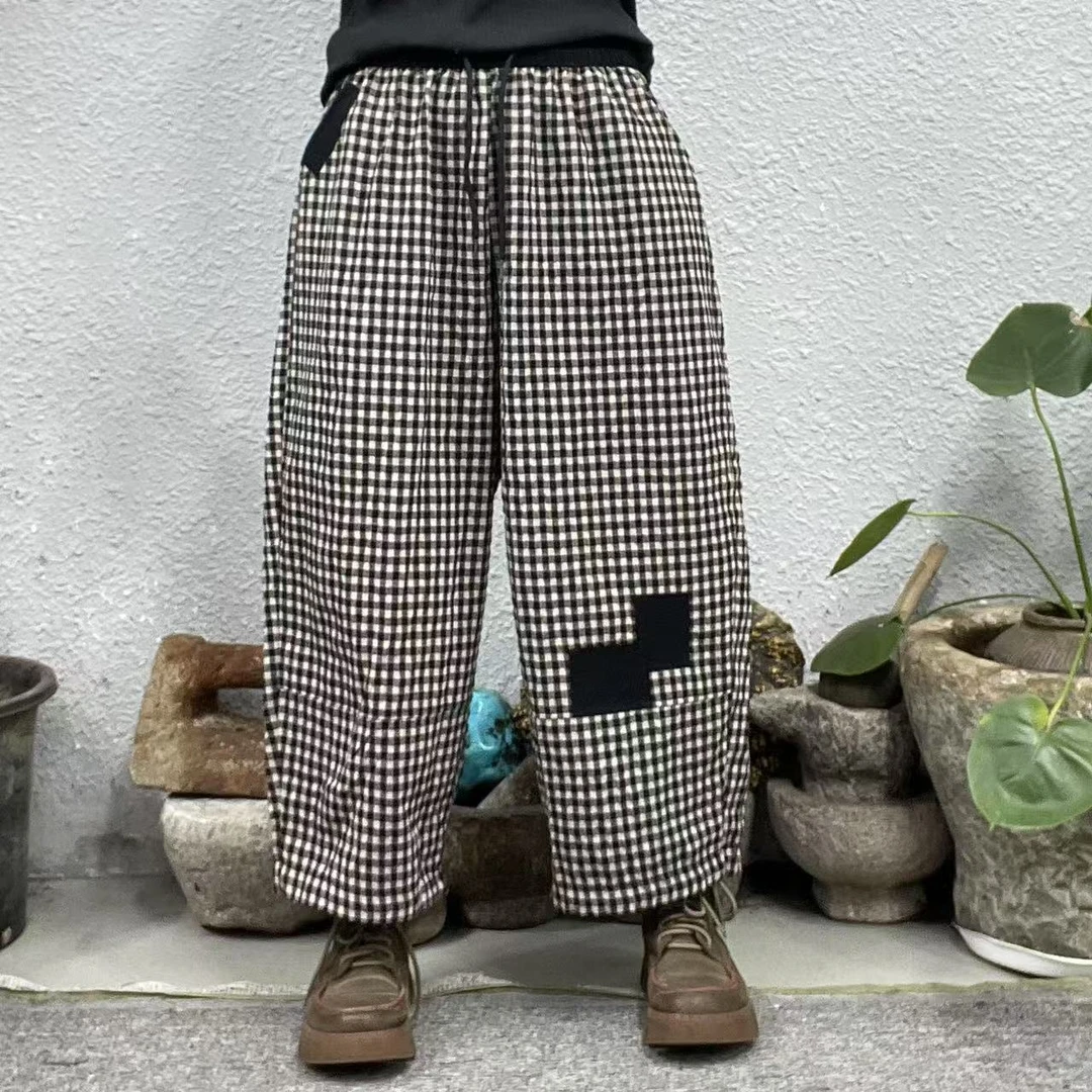 2520中格撞色腰左腿贴两块黑布色织麻休闲裤（长84臀围128脚口52