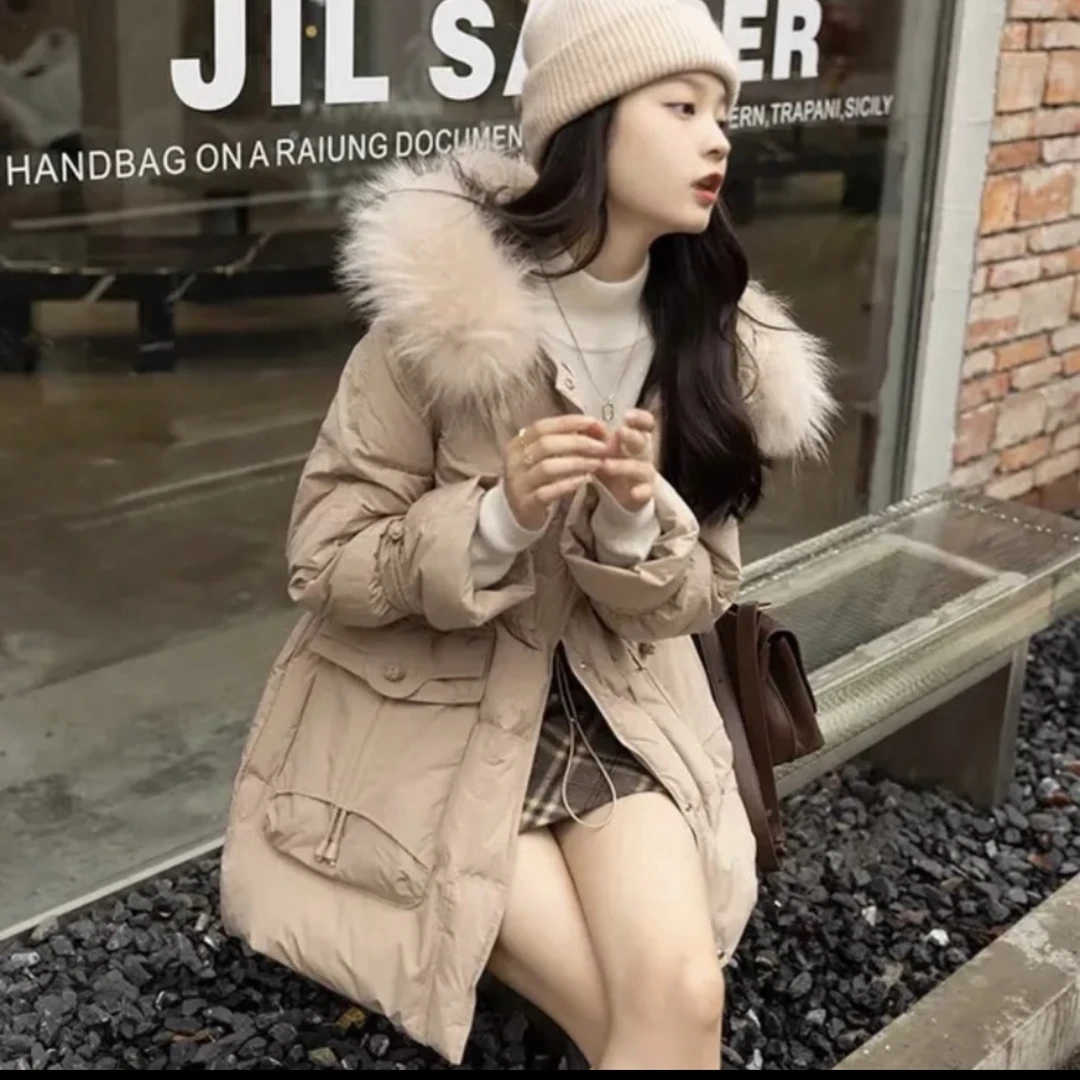 【国风小扣】时尚网红显瘦收腰厚款真毛领连帽中长款百搭韩版保暖