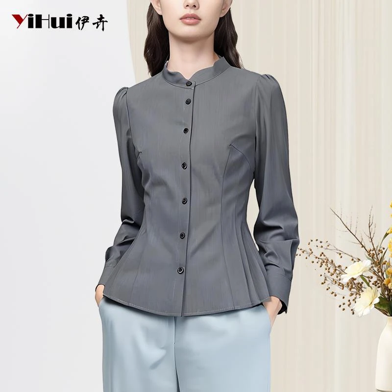 YIHUI伊卉灰色衬衫女长袖上衣压褶皱设计感收腰衬衣职业SA255326