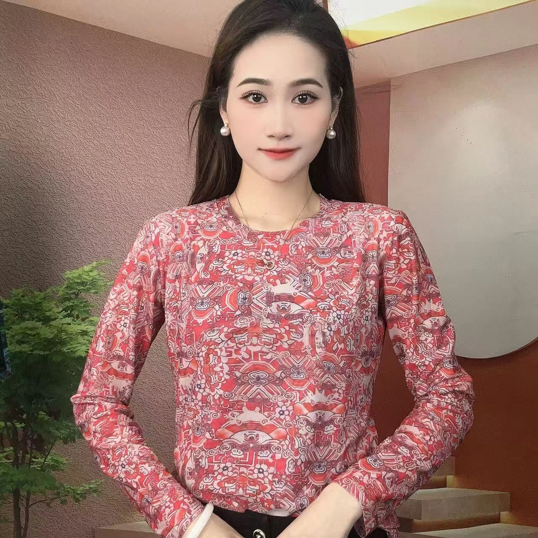 2025秋季新款长袖圆领肌肤纱时尚显瘦印花T恤上衣A398