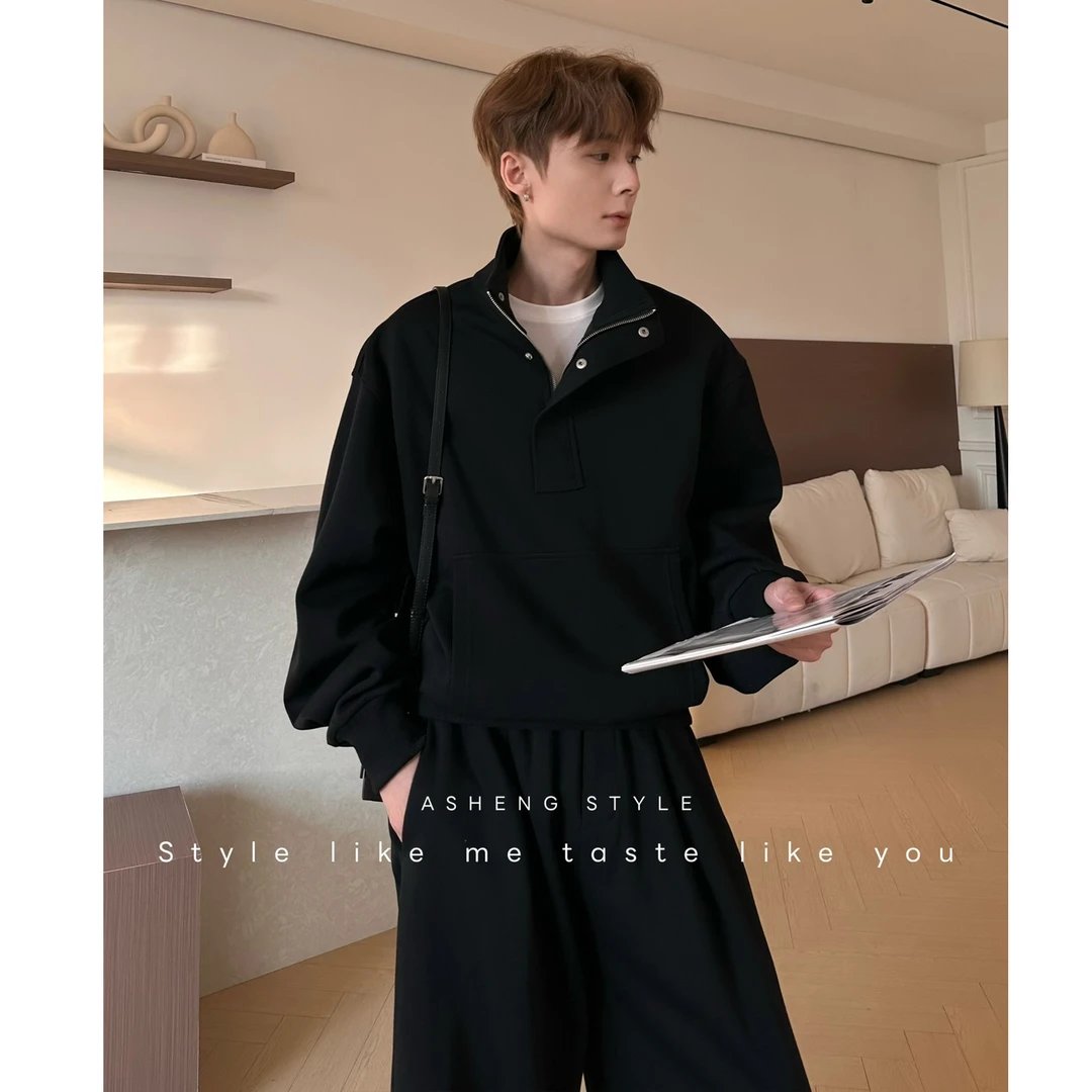 美式潮流休闲运动男春款半开立领卫衣宽松长袖套头衫纯色时尚